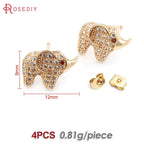 4PCS 18K Gold Color Brass and Zircon Elephant Stud Earrings Pins Earrings High Quality Diy Jewelry Making Accessories for Women