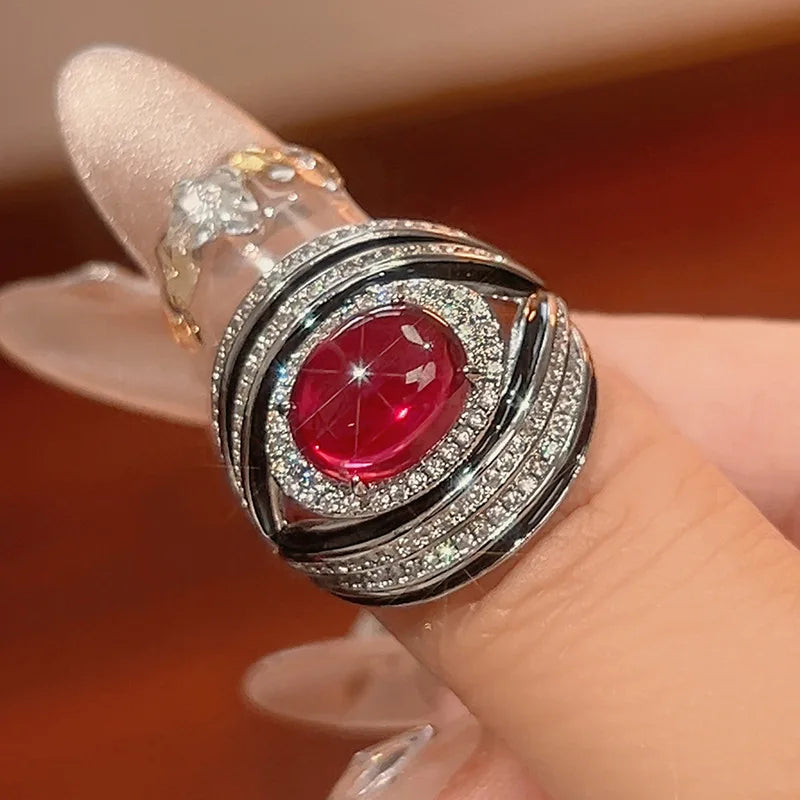 Jewelry Ring Oval Royal Blue Red Corundum Green Chalcedony Fashion Sense Women's Vintage High-end Feel