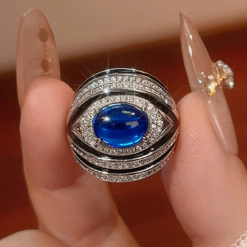 Jewelry Ring Oval Royal Blue Red Corundum Green Chalcedony Fashion Sense Women's Vintage High-end Feel