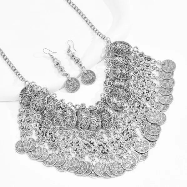 Middle Eastern-Style Metal Coins Tassel Big Chunky Neckless Earrings Jewelry Set for Women Gypsy Bohemian Vantage Party Wear