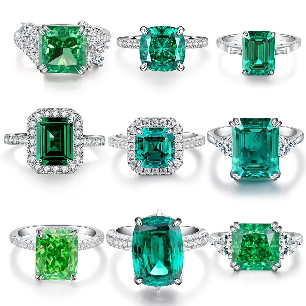 ABLES CHIC Emerald High Carbon  Luxury Wedding Ring Solid 925 Silver Green Gemstone Cocktail Rings CZ Jewelry R0003
