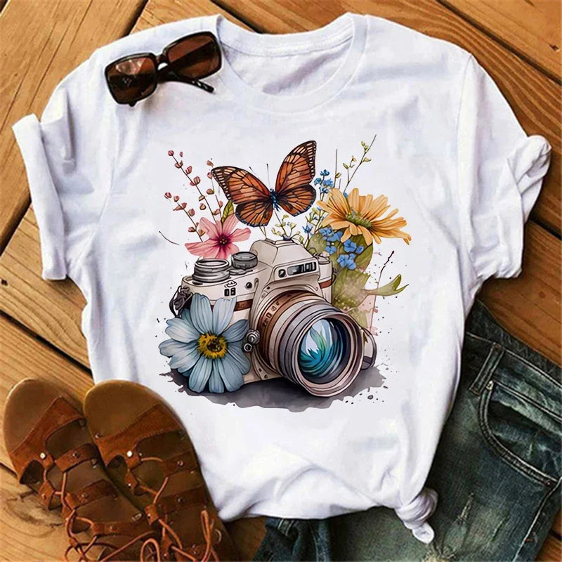 gothic Women's Butterfly Tree Print Harajuku T-Shirt Round Neck Top Short Sleeve Casual Summer Tee Shirt