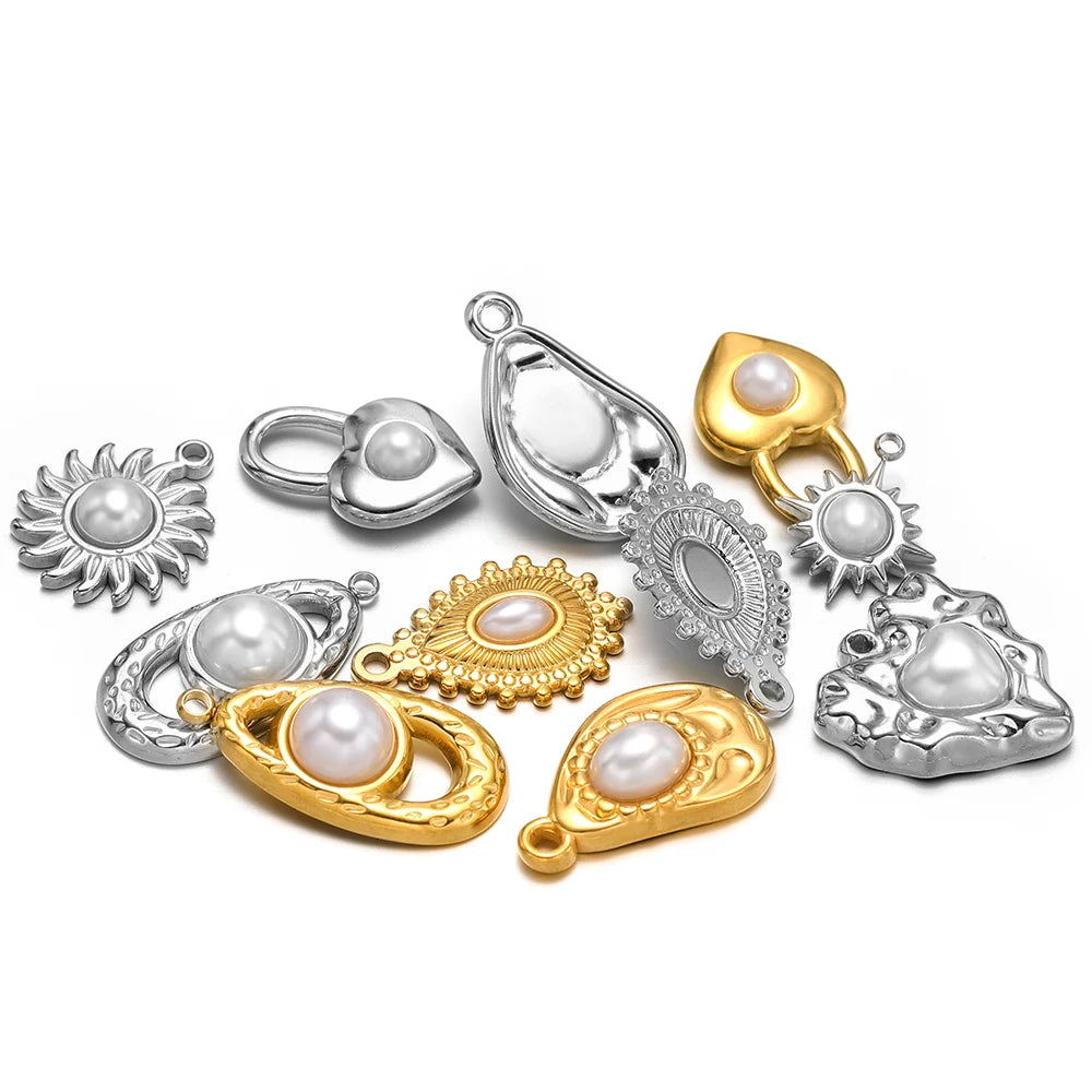 5pcs Stainless Steel Imitation Pearl Lock Heart Sun Necklace Charms Earring DIY Women Bracelet Jewelry Making Supplies Wholesale