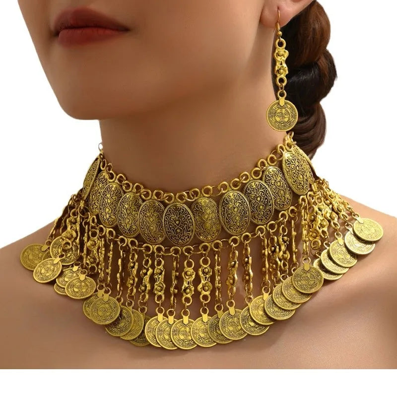 Middle Eastern-Style Metal Coins Tassel Big Chunky Neckless Earrings Jewelry Set for Women Gypsy Bohemian Vantage Party Wear