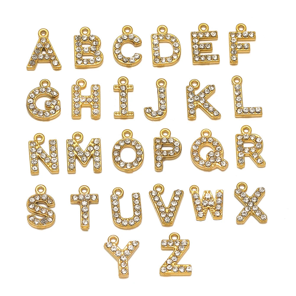 5pcs Stainless Steel Gold Rhinestone Letters Charms DIY Women Girl Alphabet Necklace Pendants Jewelry Bracelet Earrings Making