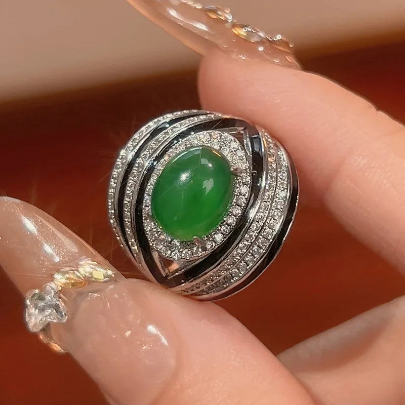 Jewelry Ring Oval Royal Blue Red Corundum Green Chalcedony Fashion Sense Women's Vintage High-end Feel
