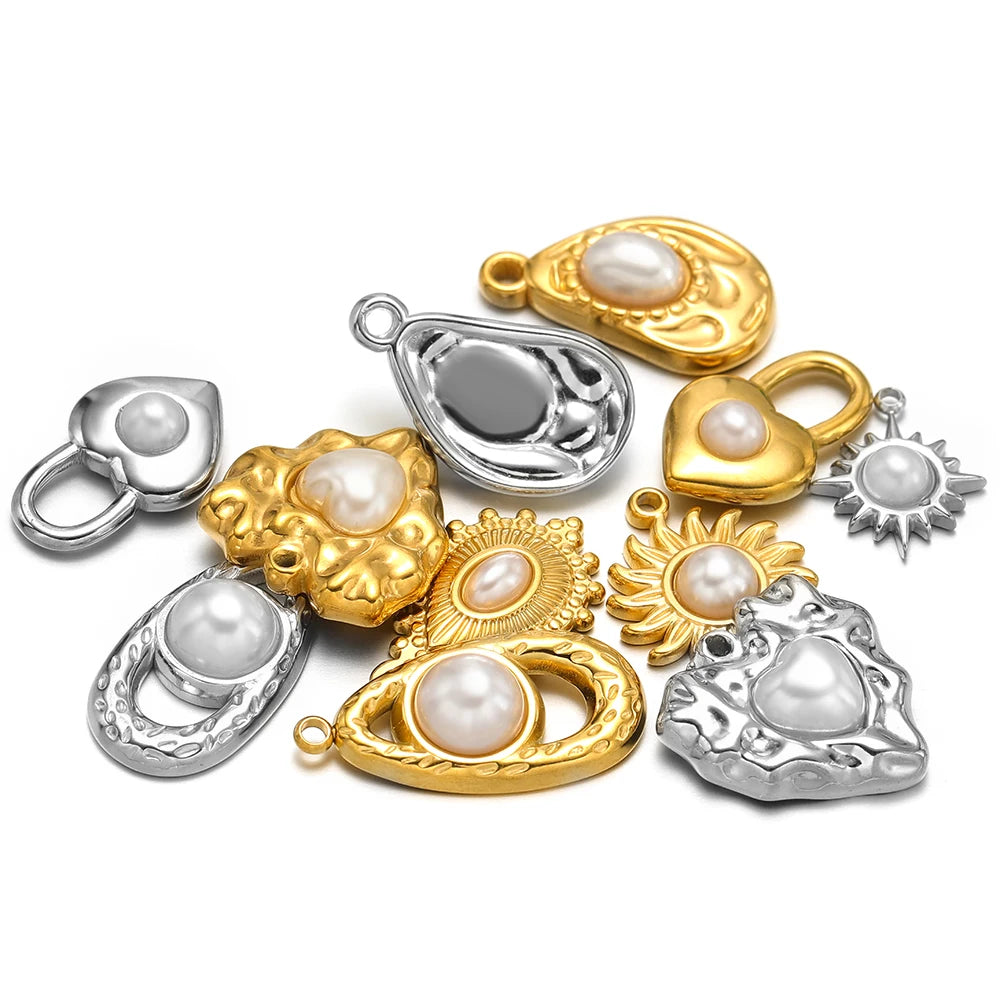 5pcs Stainless Steel Imitation Pearl Lock Heart Sun Necklace Charms Earring DIY Women Bracelet Jewelry Making Supplies Wholesale