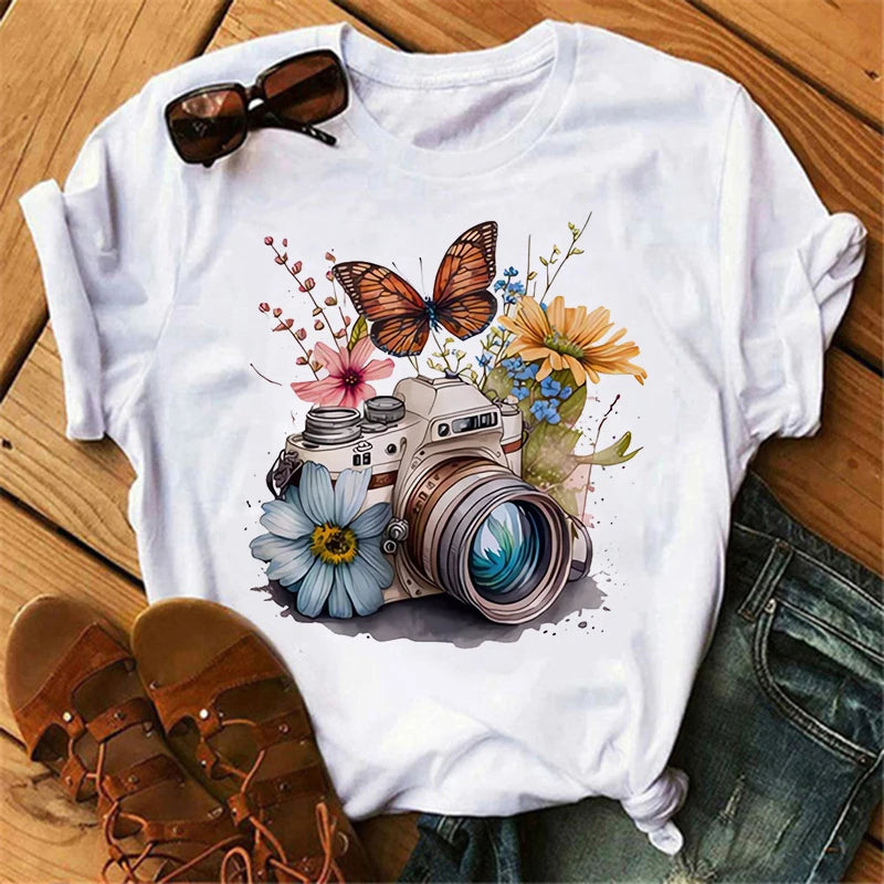gothic Women's Butterfly Tree Print Harajuku T-Shirt Round Neck Top Short Sleeve Casual Summer Tee Shirt