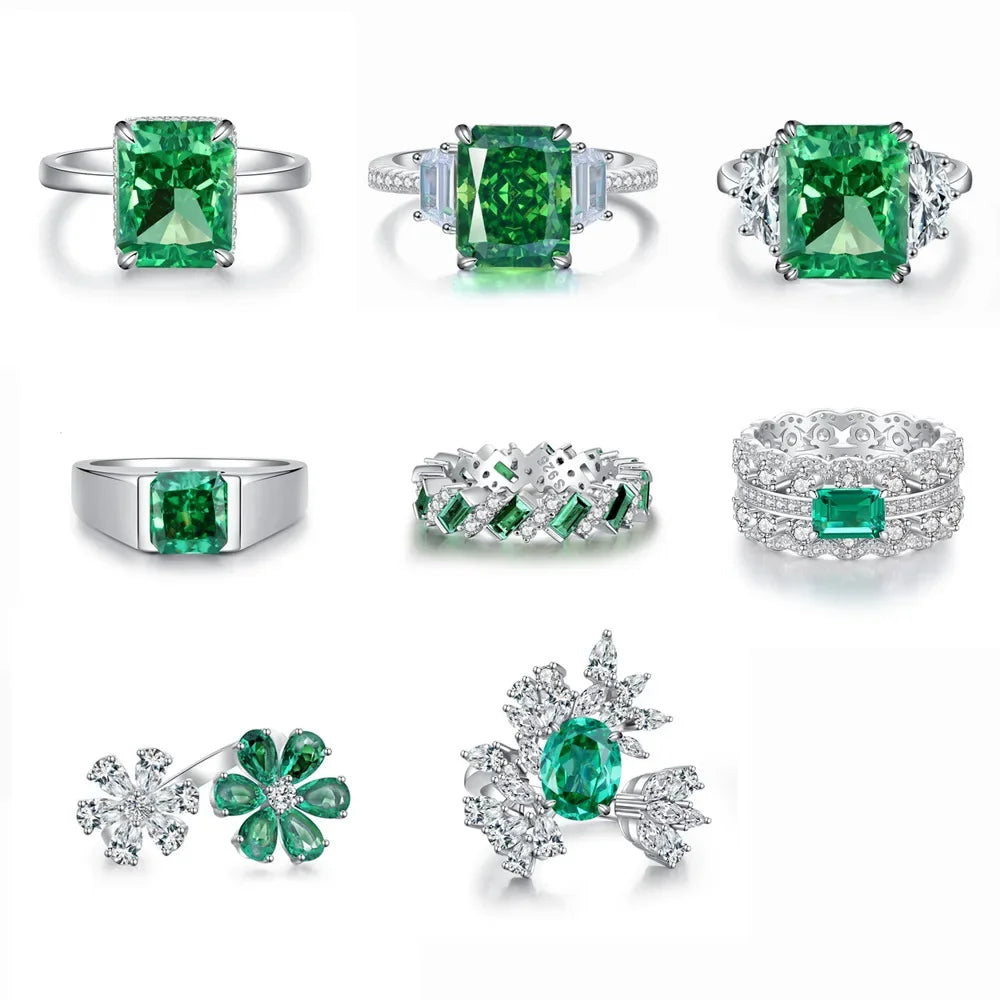 ABLES CHIC Emerald High Carbon  Luxury Wedding Ring Solid 925 Silver Green Gemstone Cocktail Rings CZ Jewelry R0003