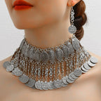 Middle Eastern-Style Metal Coins Tassel Big Chunky Neckless Earrings Jewelry Set for Women Gypsy Bohemian Vantage Party Wear