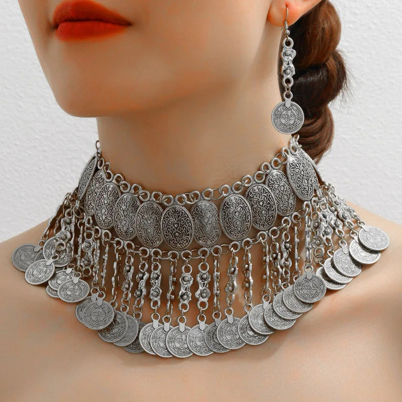 Middle Eastern-Style Metal Coins Tassel Big Chunky Neckless Earrings Jewelry Set for Women Gypsy Bohemian Vantage Party Wear