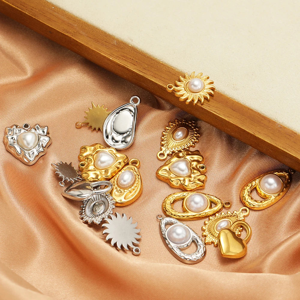 5pcs Stainless Steel Imitation Pearl Lock Heart Sun Necklace Charms Earring DIY Women Bracelet Jewelry Making Supplies Wholesale