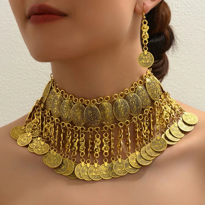 Middle Eastern-Style Metal Coins Tassel Big Chunky Neckless Earrings Jewelry Set for Women Gypsy Bohemian Vantage Party Wear