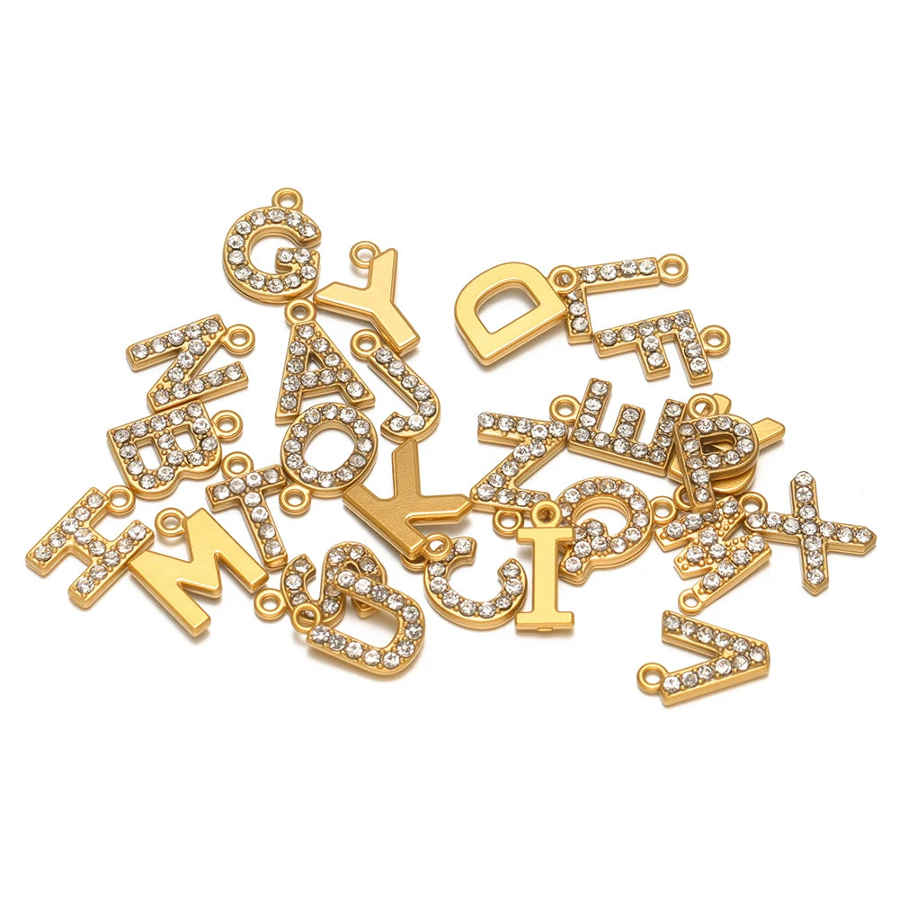 5pcs Stainless Steel Gold Rhinestone Letters Charms DIY Women Girl Alphabet Necklace Pendants Jewelry Bracelet Earrings Making